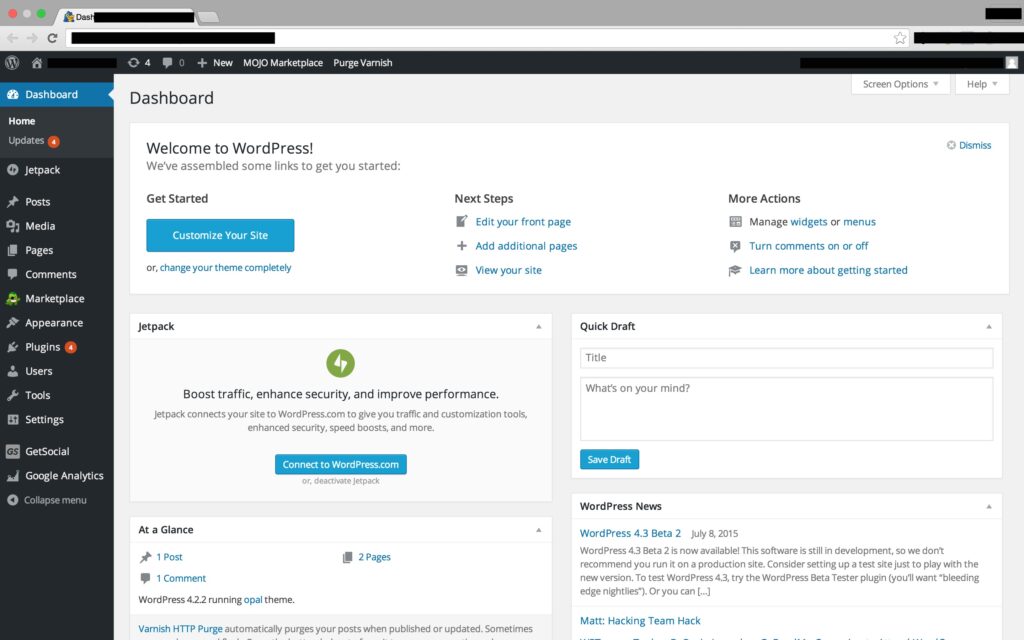 WordPress dashboard interface with customization options